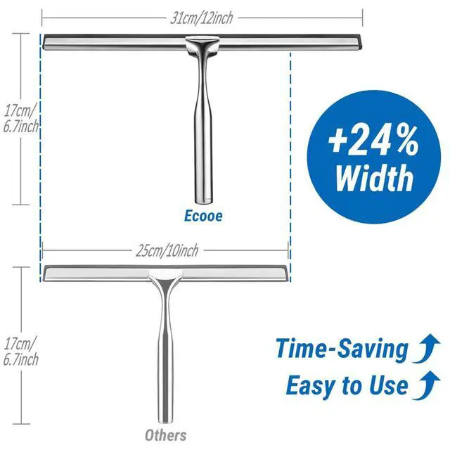 Alt view image 2 of 7 - Shower Squeegee for Glass Doors,12" Large Shower Glass Cleaner | Silicone Blade with Stainless Steel Core, Streak-Free Wiper with Hanger for Bathroom, Kitchen, Car Windows & Mirrors, Siliver