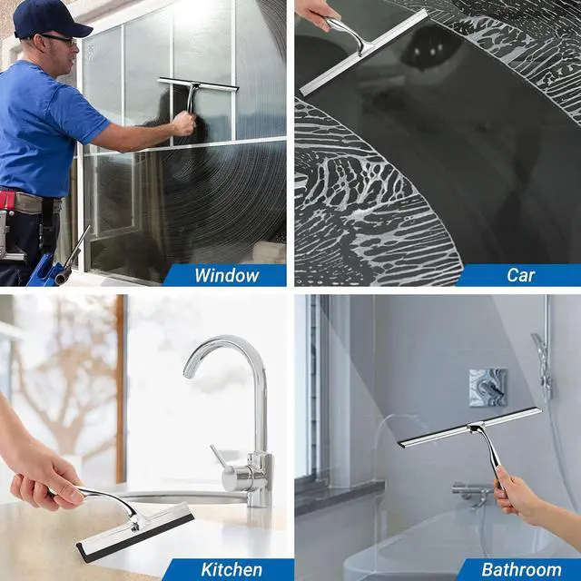 Alt view image 7 of 7 - Shower Squeegee for Glass Doors,12" Large Shower Glass Cleaner | Silicone Blade with Stainless Steel Core, Streak-Free Wiper with Hanger for Bathroom, Kitchen, Car Windows & Mirrors, Siliver
