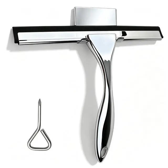 Alt view image 2 of 7 - All-Purpose Stainless Steel Squeegee, 10 Inch Silver Shower Squeegee with 1 Adhesive Hooks, Streak-Free Silicone Blade for Shower Door, Window, Car, Tile Wall, Bathroom Household Cleaning Tool