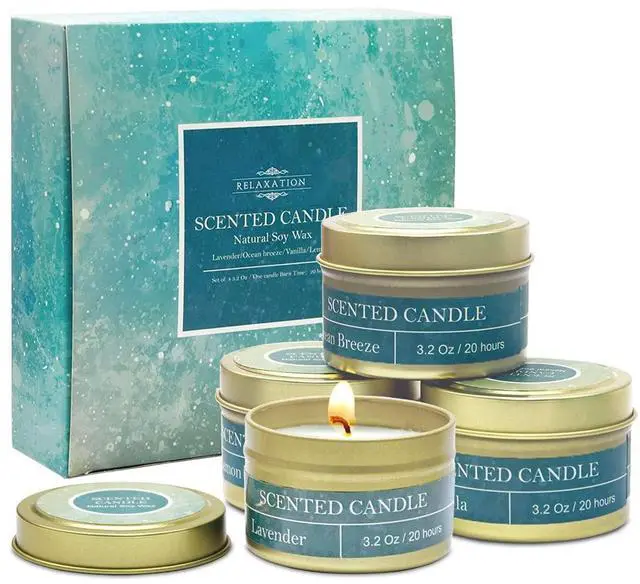 Main image of 4oz Natural Soy Wax Scented Candles 4 Pack 20 Hours Burn Time | Lavender Vanilla Lemon Ocean Breeze Aromatherapy Travel Tin Candles for Stress Relief Relaxation Bath Yoga