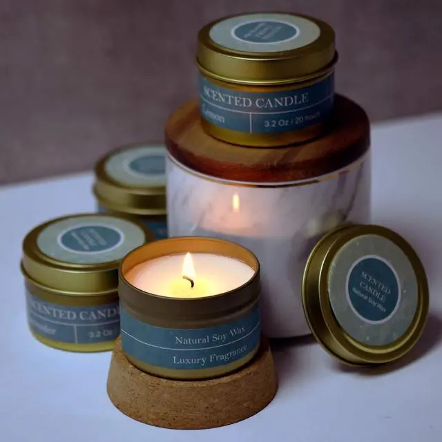Alt view image 4 of 7 - 4oz Natural Soy Wax Scented Candles 4 Pack 20 Hours Burn Time | Lavender Vanilla Lemon Ocean Breeze Aromatherapy Travel Tin Candles for Stress Relief Relaxation Bath Yoga