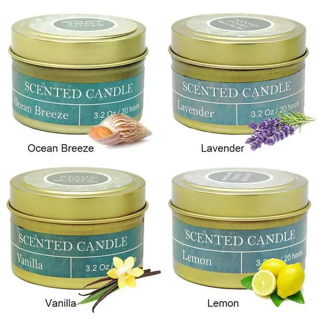 Alt view image 2 of 7 - 4oz Natural Soy Wax Scented Candles 4 Pack 20 Hours Burn Time | Lavender Vanilla Lemon Ocean Breeze Aromatherapy Travel Tin Candles for Stress Relief Relaxation Bath Yoga