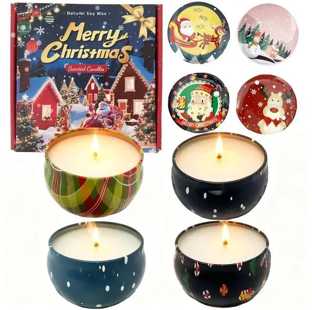 Main image of Christmas Scented Candle Set - 4 Pack (2.5oz Each) - Holiday Scents: Cranberry, Apple Cinnamon, Mistletoe & Christmas Wreath - Natural Soy Wax, Festive Aromatherapy Gifts
