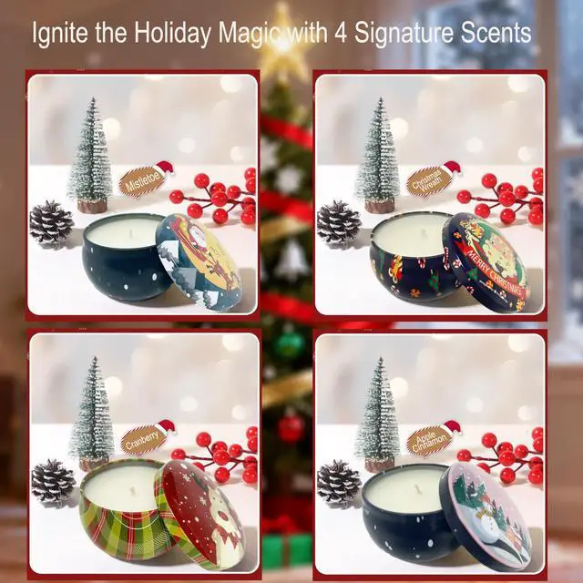 Alt view image 3 of 7 - Christmas Scented Candle Set - 4 Pack (2.5oz Each) - Holiday Scents: Cranberry, Apple Cinnamon, Mistletoe & Christmas Wreath - Natural Soy Wax, Festive Aromatherapy Gifts