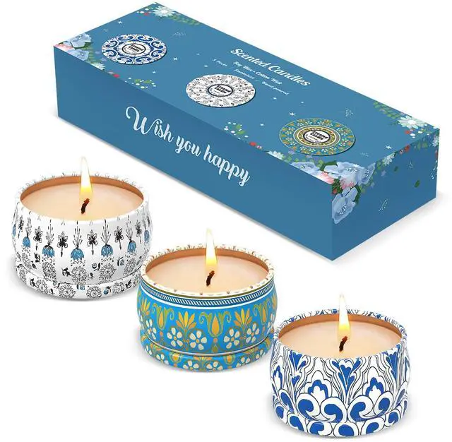 Main image of 3 Pack Scented Candles Gift Set - Aromatherapy Candle for Home, Portable Hotel Small Candles, Natural Soy Wax Tin Jar for Yoga, Bath, 2.5 Oz Long Lasting Time Gift for Women