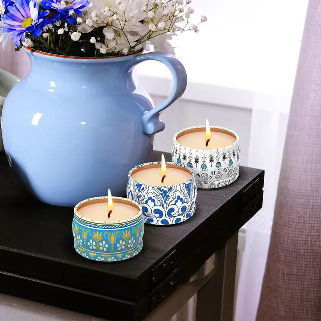 Alt view image 2 of 7 - 3 Pack Scented Candles Gift Set - Aromatherapy Candle for Home, Portable Hotel Small Candles, Natural Soy Wax Tin Jar for Yoga, Bath, 2.5 Oz Long Lasting Time Gift for Women
