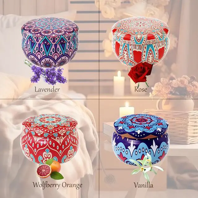 Alt view image 2 of 7 - Scented Candles Gift Set, 2.5 oz Aromatherapy Candles for Home, Portable Candles, Soy Wax Tin Jar Candles for Yoga, Bath Long Lasting Time Candles Gift for Women Lavender/Rose/Vanilla/Wolfberry Orange