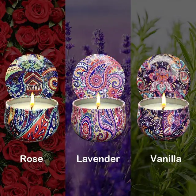 Alt view image 2 of 7 - 3 Pack Home Scented Candles - Strong Lavender, Vanilla & Rose Candle, 2.5 Oz, 100% Soy, Non-Toxic, Small Candle Set for Aromatherapy & Gifts, Baby Shower Prizes