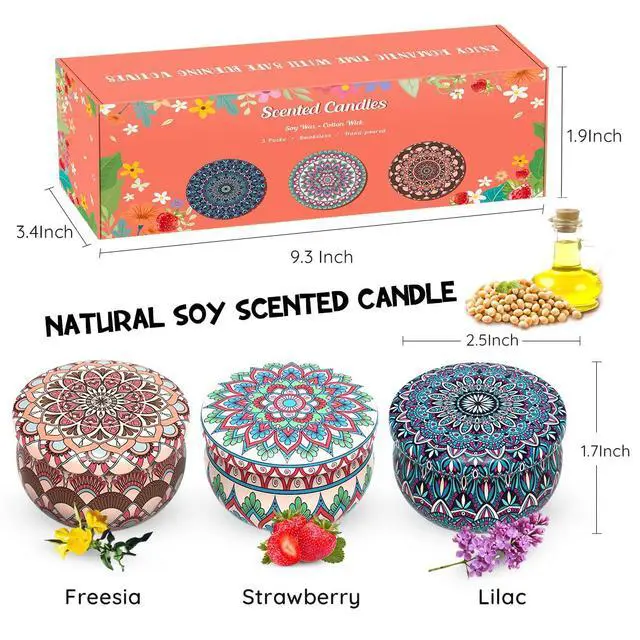 Alt view image 6 of 7 - Set of 3 Scented Candles Gift Set for Women Home Decor, Decorative Small 2.5oz Natural Soy Wax Freesia, Lilac and Strawberry Aromatherapy Candles in Portable Travel Tin