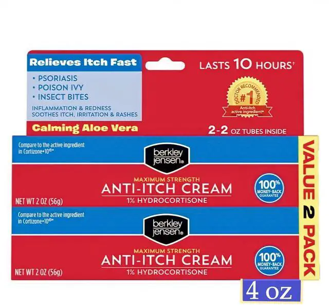 Main image of Maximum Strength Anti-Itch Cream (4 oz.), with Calming Aloe Vera, 1% Hydrocortisone Itch Relief for Eczema, Psoriasis, Bug Bites, Poison Ivy, Oak and Sumac, 2 oz. Tube (Pack of 2)