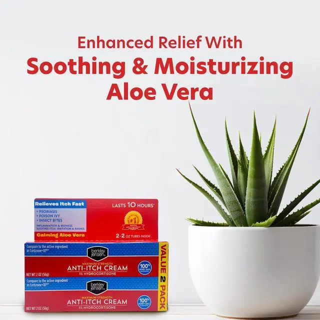 Alt view image 5 of 7 - Maximum Strength Anti-Itch Cream (4 oz.), with Calming Aloe Vera, 1% Hydrocortisone Itch Relief for Eczema, Psoriasis, Bug Bites, Poison Ivy, Oak and Sumac, 2 oz. Tube (Pack of 2)