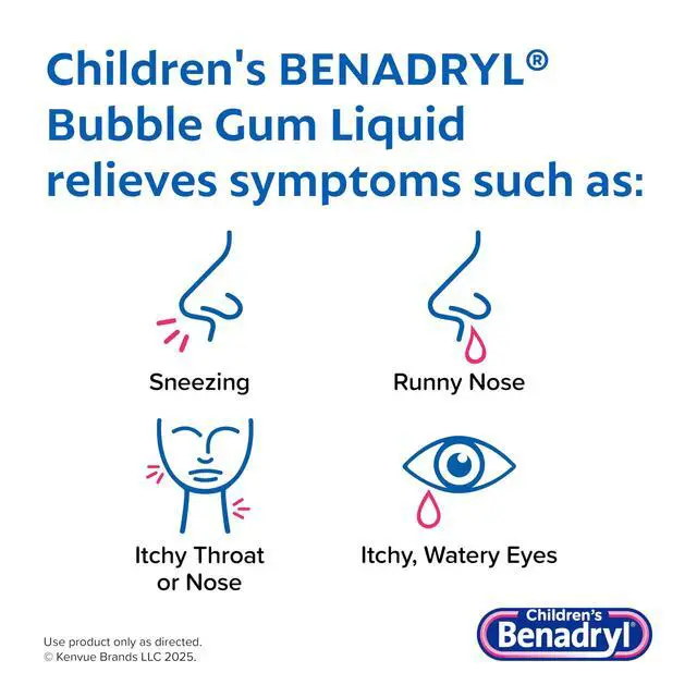 Alt view image 2 of 7 - Children's Liquid Medicine, 12.5 mg Diphenhydramine HCl, 4 fl. oz | Dye-Free, Antihistamine Allergy Relief Medicine For Kids, Helps Relieve Runny Nose & Sneezing, Bubble Gum Flavor