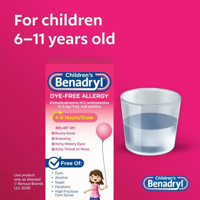 Alt view image 4 of 7 - Children's Liquid Medicine, 12.5 mg Diphenhydramine HCl, 4 fl. oz | Dye-Free, Antihistamine Allergy Relief Medicine For Kids, Helps Relieve Runny Nose & Sneezing, Bubble Gum Flavor