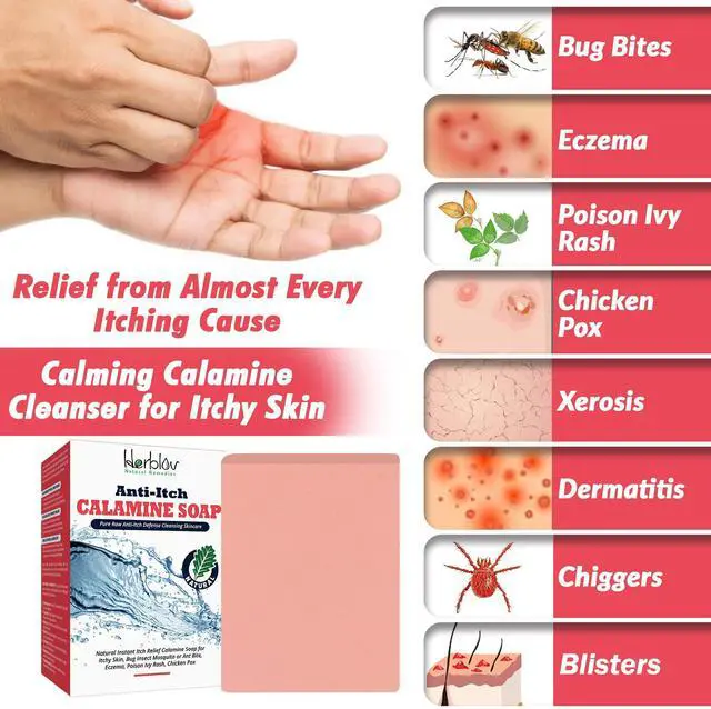 Alt view image 2 of 7 - Natural Instant Itch Relief Soap Bar - Calming Calamine Soap for Itchy Skin, Bug Insect Mosquito or Ant Bite, Eczema, Poison Ivy Rash, Chicken Pox - Pure Raw Anti-Itch Defense Cleansing Skincare