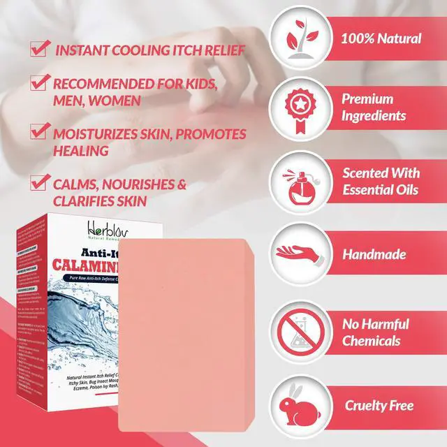 Alt view image 3 of 7 - Natural Instant Itch Relief Soap Bar - Calming Calamine Soap for Itchy Skin, Bug Insect Mosquito or Ant Bite, Eczema, Poison Ivy Rash, Chicken Pox - Pure Raw Anti-Itch Defense Cleansing Skincare