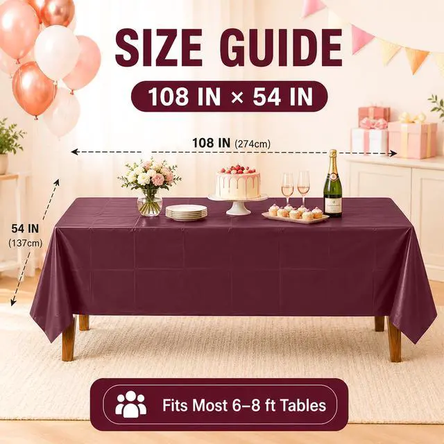Alt view image 2 of 7 - 2 Pack Burgundy Disposable Plastic Tablecloths, Waterproof Rectangle Table Covers 54 x 108 Inch, Party Tablecloth for Birthday Party, Baby Shower, Wedding, Holiday and Event Decorations
