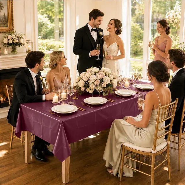 Alt view image 3 of 7 - 2 Pack Burgundy Disposable Plastic Tablecloths, Waterproof Rectangle Table Covers 54 x 108 Inch, Party Tablecloth for Birthday Party, Baby Shower, Wedding, Holiday and Event Decorations