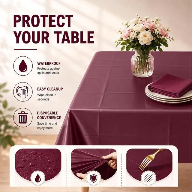 Alt view image 4 of 7 - 2 Pack Burgundy Disposable Plastic Tablecloths, Waterproof Rectangle Table Covers 54 x 108 Inch, Party Tablecloth for Birthday Party, Baby Shower, Wedding, Holiday and Event Decorations