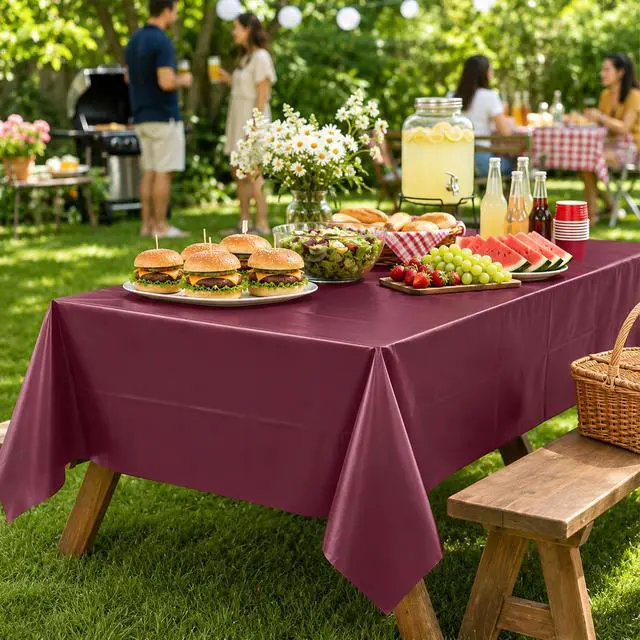 Alt view image 5 of 7 - 2 Pack Burgundy Disposable Plastic Tablecloths, Waterproof Rectangle Table Covers 54 x 108 Inch, Party Tablecloth for Birthday Party, Baby Shower, Wedding, Holiday and Event Decorations