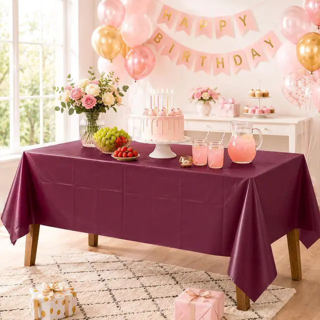 Alt view image 6 of 7 - 2 Pack Burgundy Disposable Plastic Tablecloths, Waterproof Rectangle Table Covers 54 x 108 Inch, Party Tablecloth for Birthday Party, Baby Shower, Wedding, Holiday and Event Decorations