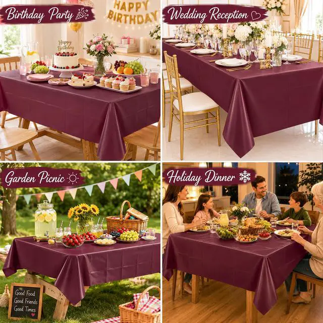 Alt view image 7 of 7 - 2 Pack Burgundy Disposable Plastic Tablecloths, Waterproof Rectangle Table Covers 54 x 108 Inch, Party Tablecloth for Birthday Party, Baby Shower, Wedding, Holiday and Event Decorations