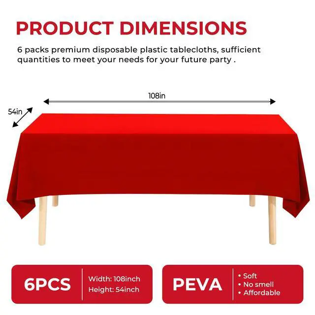 Alt view image 2 of 6 - 6 Pack Premium Disposable Plastic Tablecloth 54" x 108" Party Table Cloths Disposable for 6 to 8 Foot Tables Indoor or Outdoor Parties Birthdays Weddings Christmas Anniversary Buffet Table (Red)