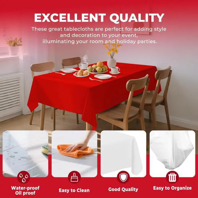 Alt view image 4 of 6 - 6 Pack Premium Disposable Plastic Tablecloth 54" x 108" Party Table Cloths Disposable for 6 to 8 Foot Tables Indoor or Outdoor Parties Birthdays Weddings Christmas Anniversary Buffet Table (Red)
