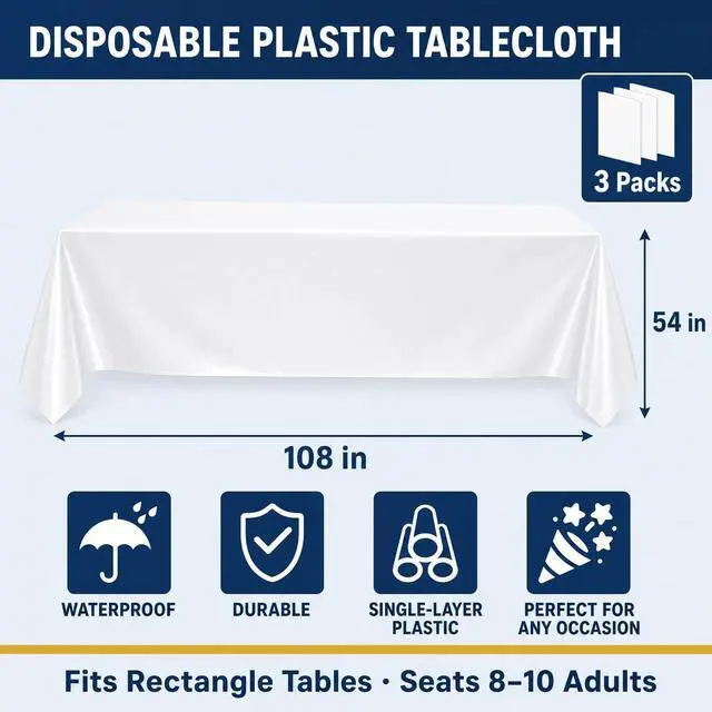 Alt view image 2 of 7 - White Plastic Tablecloths 3 Pack, Disposable, 54 x 108 in Rectangle | Waterproof smooth PEVA film, wipe-clean, no paper layer, for weddings, birthdays, buffets, picnics, banquet tables