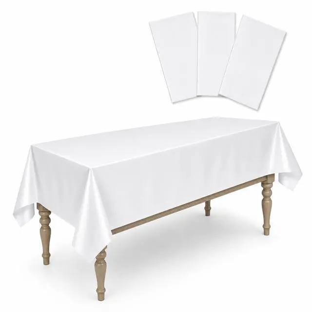 Main image of White Plastic Tablecloths 3 Pack, Disposable, 54 x 108 in Rectangle | Waterproof smooth PEVA film, wipe-clean, no paper layer, for weddings, birthdays, buffets, picnics, banquet tables