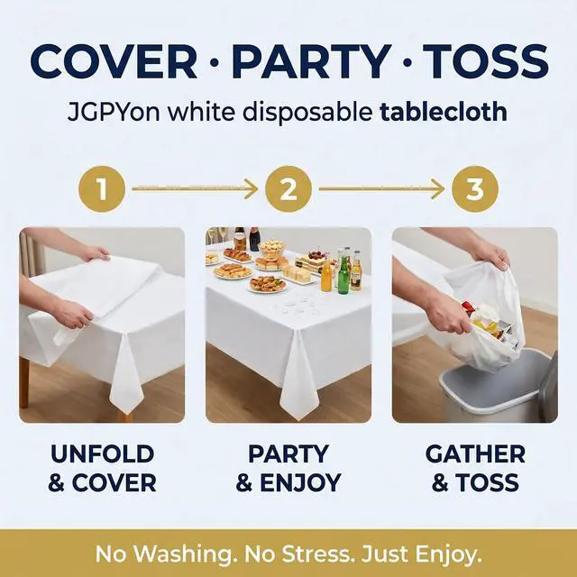 Alt view image 3 of 7 - White Plastic Tablecloths 3 Pack, Disposable, 54 x 108 in Rectangle | Waterproof smooth PEVA film, wipe-clean, no paper layer, for weddings, birthdays, buffets, picnics, banquet tables