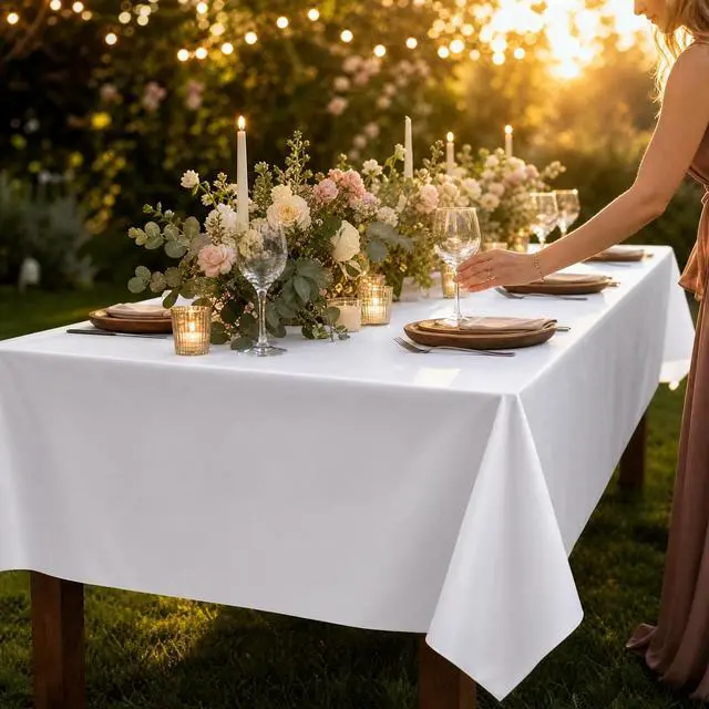 Alt view image 4 of 7 - White Plastic Tablecloths 3 Pack, Disposable, 54 x 108 in Rectangle | Waterproof smooth PEVA film, wipe-clean, no paper layer, for weddings, birthdays, buffets, picnics, banquet tables
