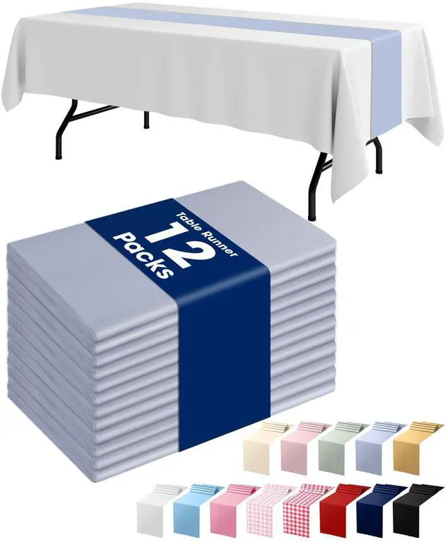 Main image of Plastic Table Runners Disposable 12 Pack, 14 x 108 Inch Table Runner, Wedding Party, Decorative Table Runner, Rectangle, Light, Pastel Plastic Cover, Leakproof & Sturdy, Dusty Blue