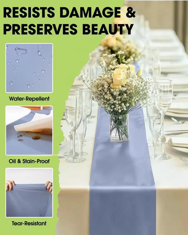 Alt view image 3 of 6 - Plastic Table Runners Disposable 12 Pack, 14 x 108 Inch Table Runner, Wedding Party, Decorative Table Runner, Rectangle, Light, Pastel Plastic Cover, Leakproof & Sturdy, Dusty Blue