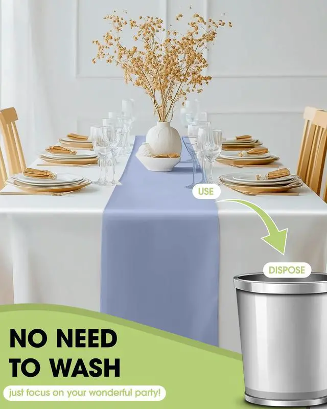Alt view image 4 of 6 - Plastic Table Runners Disposable 12 Pack, 14 x 108 Inch Table Runner, Wedding Party, Decorative Table Runner, Rectangle, Light, Pastel Plastic Cover, Leakproof & Sturdy, Dusty Blue
