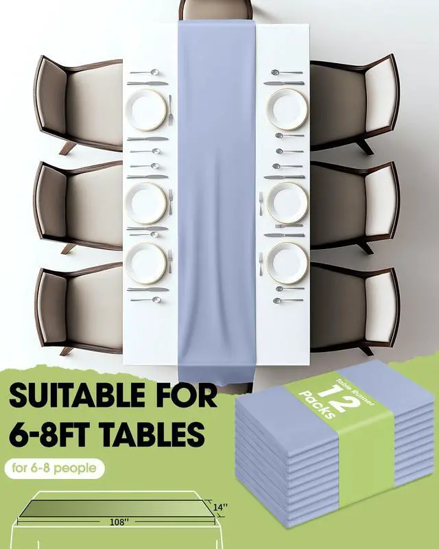 Alt view image 5 of 6 - Plastic Table Runners Disposable 12 Pack, 14 x 108 Inch Table Runner, Wedding Party, Decorative Table Runner, Rectangle, Light, Pastel Plastic Cover, Leakproof & Sturdy, Dusty Blue