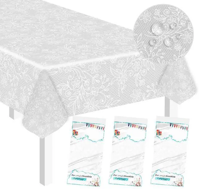Main image of 3 Pack Plastic Lace Tablecloths for Rectangle Tables, 54 x 108 inches, Waterproof Disposable Table Covers for Wedding, Party, Birthday, Camping, White, 10 Seating Capacity
