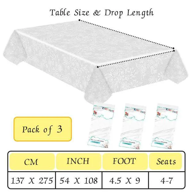 Alt view image 3 of 6 - 3 Pack Plastic Lace Tablecloths for Rectangle Tables, 54 x 108 inches, Waterproof Disposable Table Covers for Wedding, Party, Birthday, Camping, White, 10 Seating Capacity