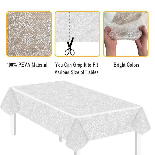 Alt view image 2 of 6 - 3 Pack Plastic Lace Tablecloths for Rectangle Tables, 54 x 108 inches, Waterproof Disposable Table Covers for Wedding, Party, Birthday, Camping, White, 10 Seating Capacity