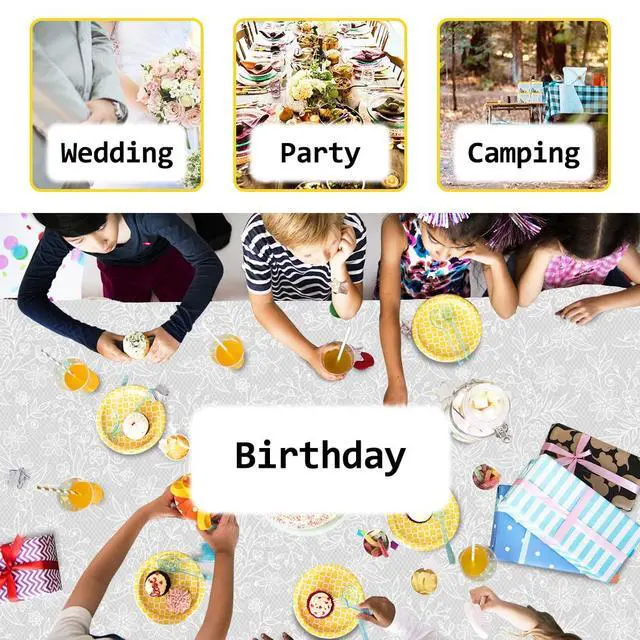 Alt view image 5 of 6 - 3 Pack Plastic Lace Tablecloths for Rectangle Tables, 54 x 108 inches, Waterproof Disposable Table Covers for Wedding, Party, Birthday, Camping, White, 10 Seating Capacity
