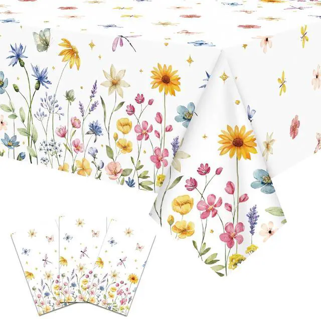 Main image of 3-Piece 54 x 108 Inch Spring Floral Plastic Tablecloth Wildflower and Butterfly Design, Disposable Rectangle Table Cover for Garden Parties, Baby Showers, Picnics, and Spring Decorations
