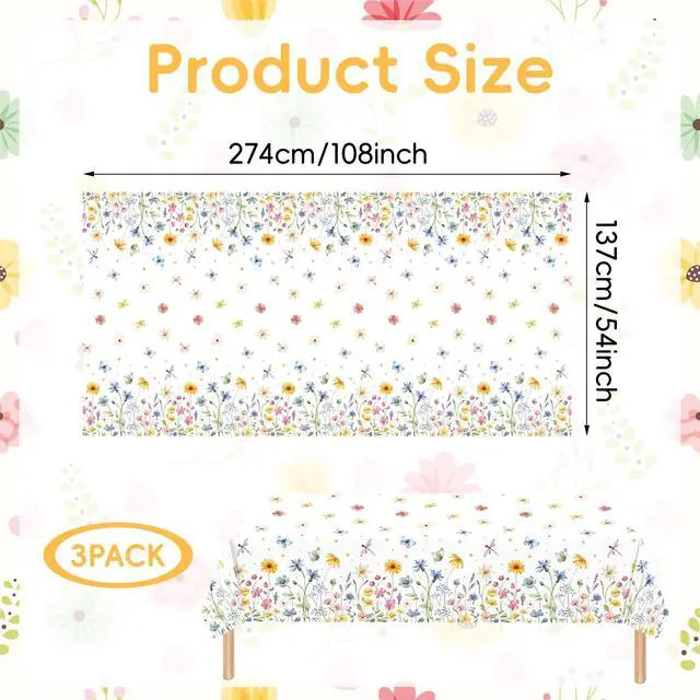 Alt view image 2 of 6 - 3-Piece 54 x 108 Inch Spring Floral Plastic Tablecloth Wildflower and Butterfly Design, Disposable Rectangle Table Cover for Garden Parties, Baby Showers, Picnics, and Spring Decorations
