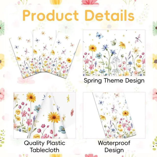 Alt view image 3 of 6 - 3-Piece 54 x 108 Inch Spring Floral Plastic Tablecloth Wildflower and Butterfly Design, Disposable Rectangle Table Cover for Garden Parties, Baby Showers, Picnics, and Spring Decorations