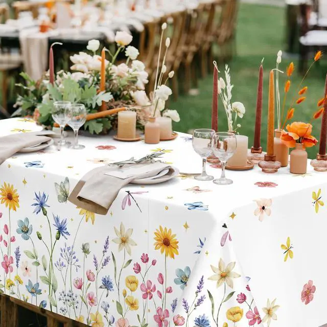 Alt view image 4 of 6 - 3-Piece 54 x 108 Inch Spring Floral Plastic Tablecloth Wildflower and Butterfly Design, Disposable Rectangle Table Cover for Garden Parties, Baby Showers, Picnics, and Spring Decorations