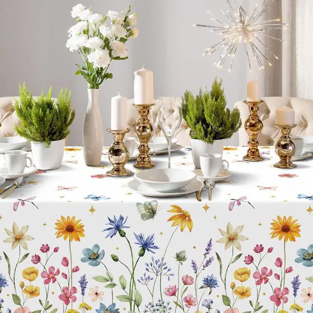 Alt view image 5 of 6 - 3-Piece 54 x 108 Inch Spring Floral Plastic Tablecloth Wildflower and Butterfly Design, Disposable Rectangle Table Cover for Garden Parties, Baby Showers, Picnics, and Spring Decorations