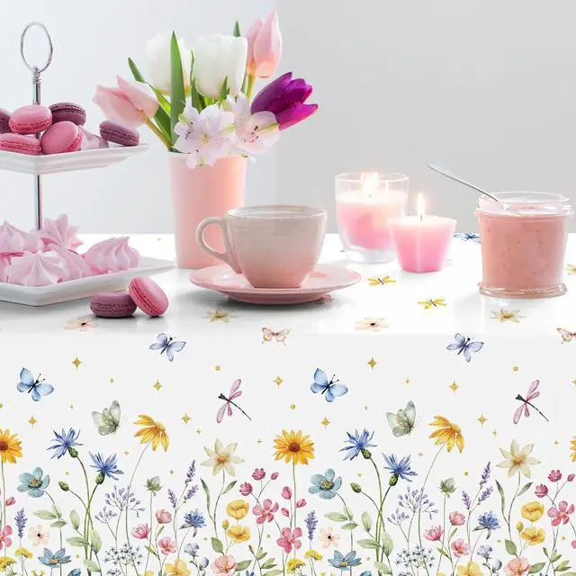 Alt view image 6 of 6 - 3-Piece 54 x 108 Inch Spring Floral Plastic Tablecloth Wildflower and Butterfly Design, Disposable Rectangle Table Cover for Garden Parties, Baby Showers, Picnics, and Spring Decorations