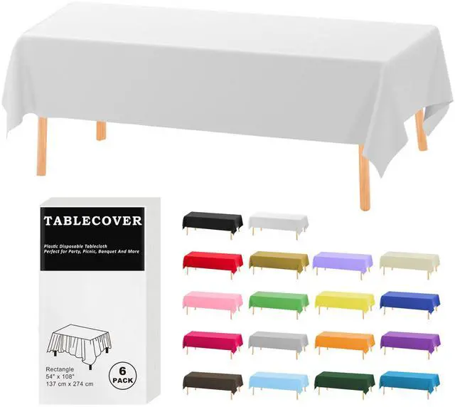 Main image of 6 Pack White Disposable Plastic Tablecloth 54"x108" Table Cover | Individually Wrapped Rectangle Table Cloth for 6FT Table, Suitable for Indoor&Outdoor, Party, Birthday, Wedding, Christmas