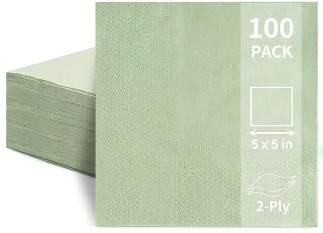 Main image of 100 Pack Cocktail Napkins, 2-Ply 5x5 Inch Sage Green Disposable Paper | Square Edged Beverage Party Napkin, for Wedding, Birthday, Dinner, Coffee Bar, Bridal, Anniversary, Reception Event
