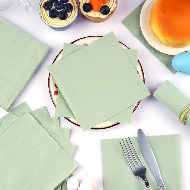 Alt view image 4 of 7 - 100 Pack Cocktail Napkins, 2-Ply 5x5 Inch Sage Green Disposable Paper | Square Edged Beverage Party Napkin, for Wedding, Birthday, Dinner, Coffee Bar, Bridal, Anniversary, Reception Event