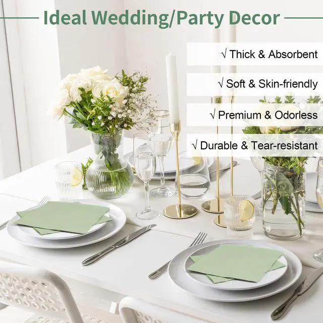 Alt view image 6 of 7 - 100 Pack Cocktail Napkins, 2-Ply 5x5 Inch Sage Green Disposable Paper | Square Edged Beverage Party Napkin, for Wedding, Birthday, Dinner, Coffee Bar, Bridal, Anniversary, Reception Event