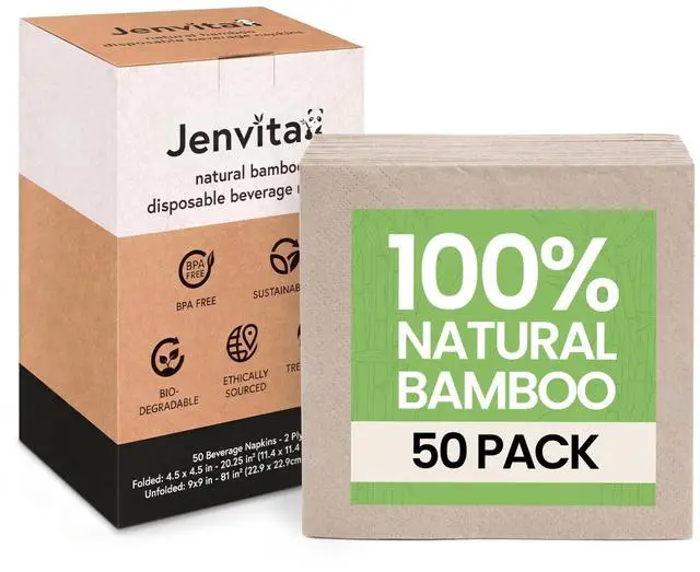 Main image of 100% Bamboo Cocktail Napkins, 2 Ply, 50 Pack, 4.5 x 4.5 Inch | FSC Certified, Biodegradable, Disposable, Drink Napkins, Party, Home, Commercial Use
